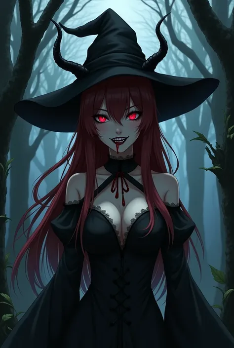 Create an image with an Anime theme, in this image we will have a beautiful white woman, reddish black hair, red left eye and black right eye. She had sharp teeth, blood came out of her mouth, she had a scary face. His clothes were black, like a witchs, he...