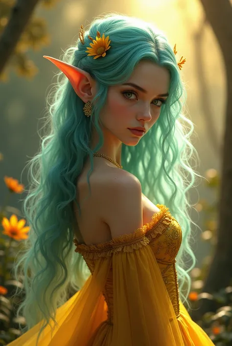 a elf woman with small pointed ears, long teal hair, Ethereal sun yellow corset dress and a mischievous expression, looking over her shoulder and beckoning the viewer to follow, detailed fantasy portrait, cinematic lighting, dramatic composition, highly de...