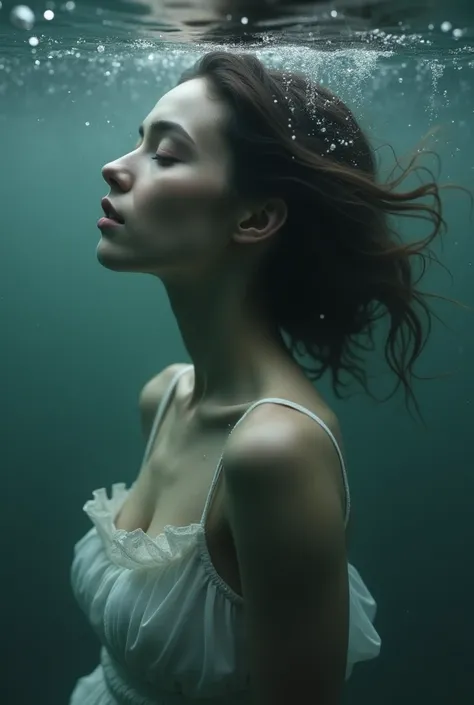 Create an image of a melancholic woman sinking under water, full profile shot.