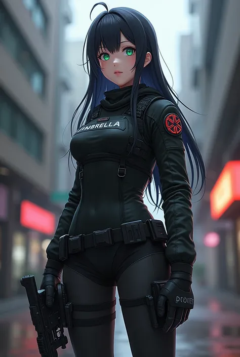 1girl, anime girl, long black hair, green eyes, wearing umbrella corporation tactical gear, full body shot, badass anime 8K, best anime 4K konachan wallpaper