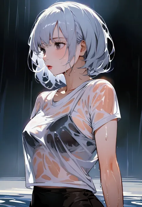 woman in wet clothes, totally transparent, showing everything, she only wears her top clothes, is a position: of 4