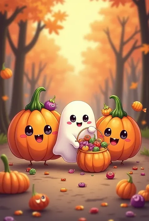 Cute Kawaii pumpkins that are happy with a small cute ghost holding a trick or treat bag full of candy