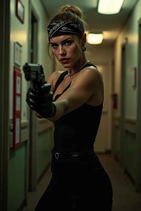 Scarlett johansson qui porte une tenue moulante et qui porte un bandana et qui porte des gants en cuir pour faire un braquage dans une banque avec des pistolet 