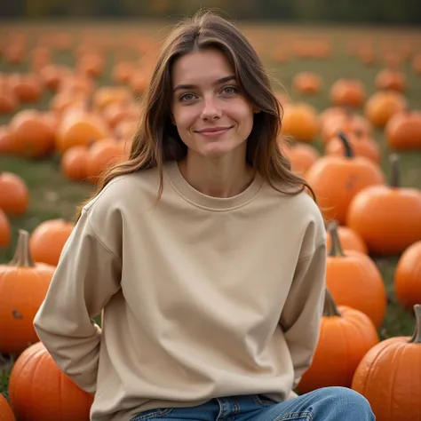 A young woman sitting in an autumn pumpkin patch, wearing a plain beige Gildan 18000 sweatshirt with no design. Her chest is slightly pushed forward, and her arms are lifted or placed behind her, ensuring the sweatshirt is fully visible. The light falls di...