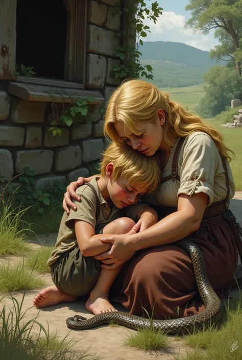 A  blond boy crying being helped by his very fat blond mother near a well due to a wound inflicted by a rattlesnake 