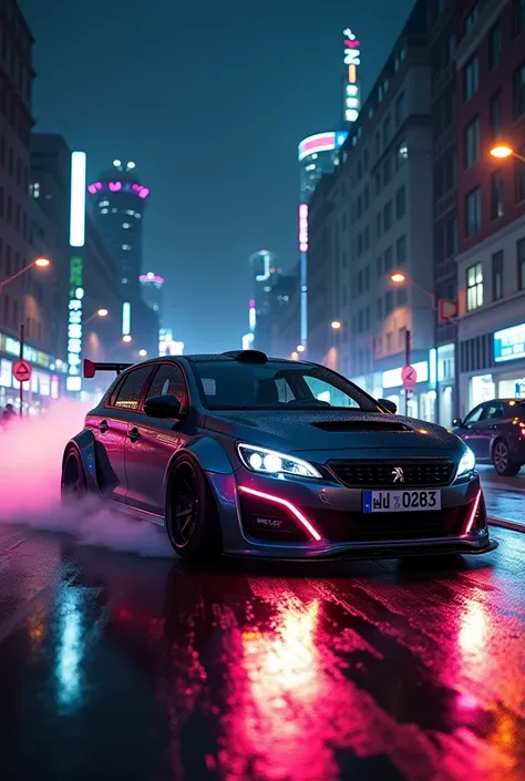 can u generate a peugeot 308 with bodikit in germany midnight city with front headlights turned on colored tears and wheels smoking.