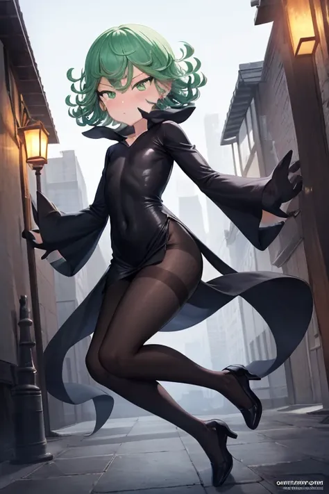 Masterpiece, best quality, ultra detailed, illustration, lighting epic, cinematic composition, 1 girl, Tatsumaki, short hair, green hair, very small breasts, green eyes, bright eyes, pouting, blushing, closed mouth, piercing gaze, full body, Slim body, Gre...