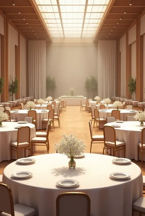 Event hall 12 round tables with 6 chairs 3 rectangular tables with 8 chairs Tables with white tablecloths, dishes and a small vase with white flowers 