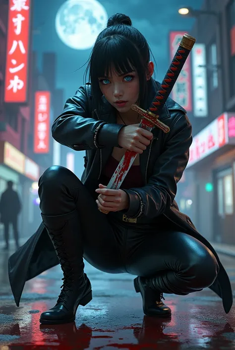 realistic image, textured and very realistic, Whole body. Young Japanese cyberpunk girl. by the wide, blue eyes. very sexy and beautiful. Wearing a black leather trench coat. Black leather pants and boots with silver zippers. Dark maroon top with black lea...