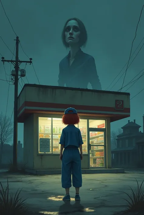 A girl with short red hair wearing a blue jumpsuit and a blue cap, standing backwards, looking at a large convenience store, in a dark, scary and empty environment You may have in the environment the discreet apparition of a haunting woman with a disfigure...