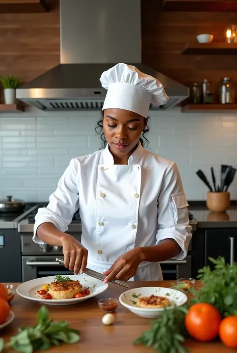 A real aesthetic picture of a black young lady chef in a furnished kitchen 