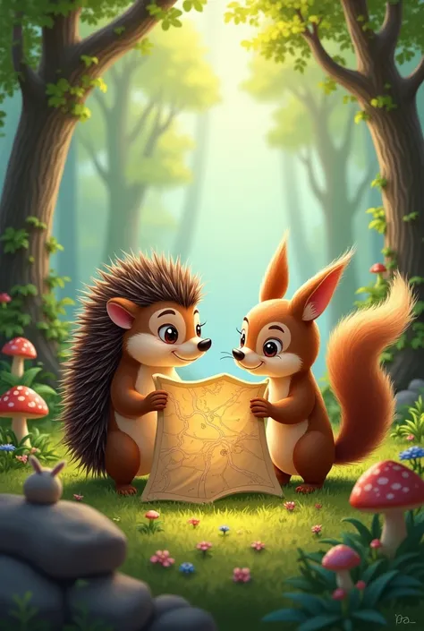 A hedgehog and a squirrel with a map
