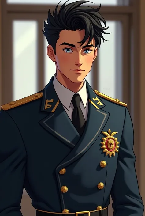 young guy, black hair, messy hair, tall handsome blue eyes athletic physique, who looks like a typical 1 fuck boy in a European academy uniform, Without beard, realistic image 