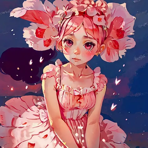 A girl wearing a strawberry flower crown and strawberry earrings in a pink frilly dress