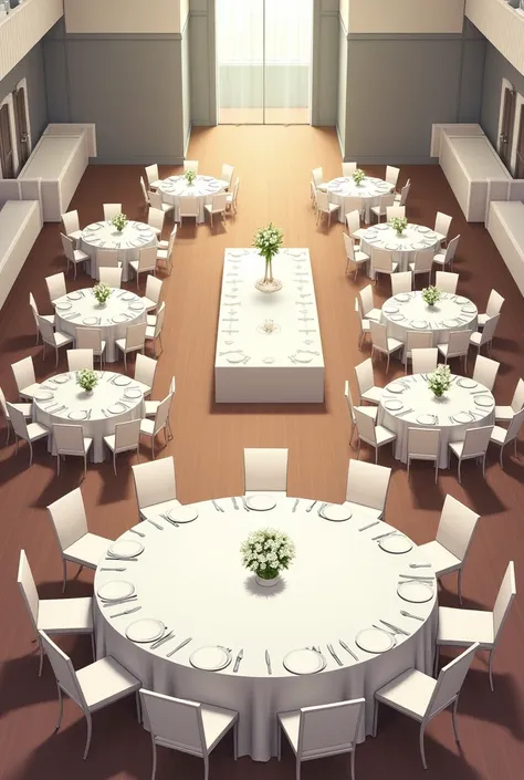 Event hall 12 round tables with 6 chairs on the sides of the hall 3 rectangular tables with 8 chairs in the center of the hall Tables with white tablecloths, dishes and a small vase with white flowers 