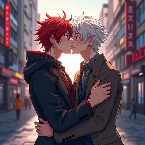 A couple of guys about 20 to 2, one with red hair and the other with white hair, kissing, a hidden kiss. Manga style and genshin impact. Urban Fund. Excellent graphic. 