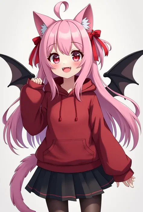 Cute and Wonderful Girl With Big Breasts, Light Skinned, Long Pink Hair With Red Ribbons and Pink Doggy Ears, Red Eyes, Pink Lips With Fangs, Red Hoodie, Black Skirt, Black Transparent Tights, Pink Raccoon Tail & a Dragon Black Wings.