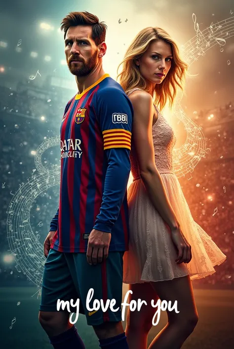 generate an image with messi and taylor swift SEPARATE, written AT THE BOTTOM OF THE IMAGE "my love for you". It has to be the image to present in Powerpoint, right?, improve this, as in the background of the image each one is