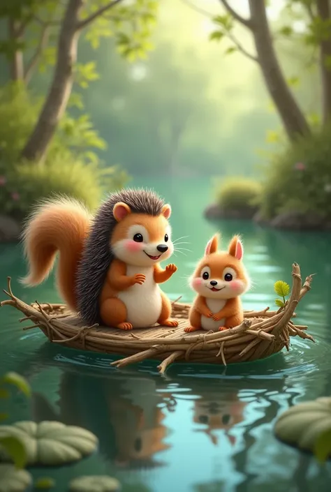 A hedgehog and a squirrel on a raft of branches and leaves