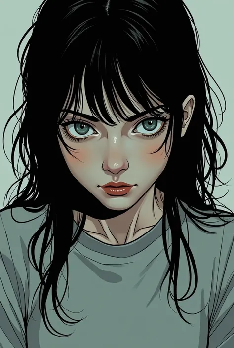 Marvel comic book panel make me a picture of a girl with big gray eyes. thin and pale face, she has long black hair and messy bangs that fall over her face. She wears a long-sleeved blouse that doesn&#39;t show her hands 