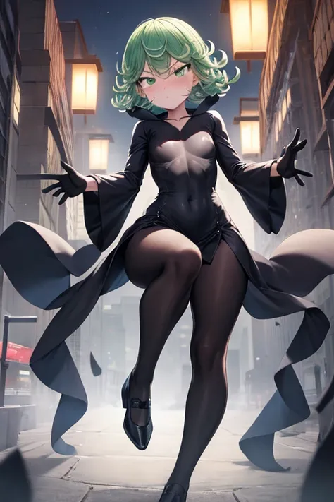 Masterpiece, best quality, ultra detailed, illustration, lighting epic, cinematic composition, 1 girl, Tatsumaki, short hair, green hair, very small breasts, green eyes, bright eyes, pouting, blushing, closed mouth, piercing gaze, full body, Slim body, Gre...