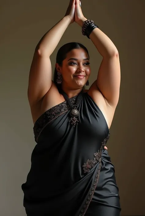 doing Yoga, hands stretched above head, compassionate, kind, powerful, supermodel from Spain, oversized breasts, attractive face, smiling, wearing embellished satin black Saree, wearing black jewellery, curvy, concerned, caring, standing
