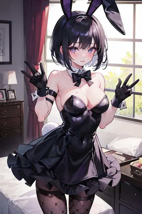 1girl, high res, ultrasharp, 8K, masterpiece,young, black haired, short haired, violet eyes , heavy eyebags, sexy, bunny cosplay, fishnet tights, bunny ears headband,black whore gloves, standing, in a bedroom, seductive, tounge out, blushing heavily ,anime...