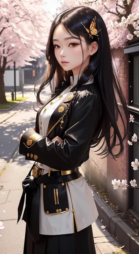 butterfly hair accessory, shoulder-length straight hair, black outfit with golden buttons, white belt, white open jacket, standing pose, looking slightly to the side, outdoor urban environment, cherry blossom branches in the background, bright daylight, so...