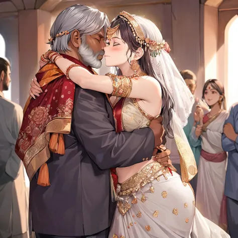 ((Highest quality)), ((masterpiece)), (detailed), （Perfect Face）The woman is Arya、The woman is wearing the traditional Indian dress, a sari.、The woman is embracing and kissing a middle-aged Indian man with a beard in their wedding ceremony.