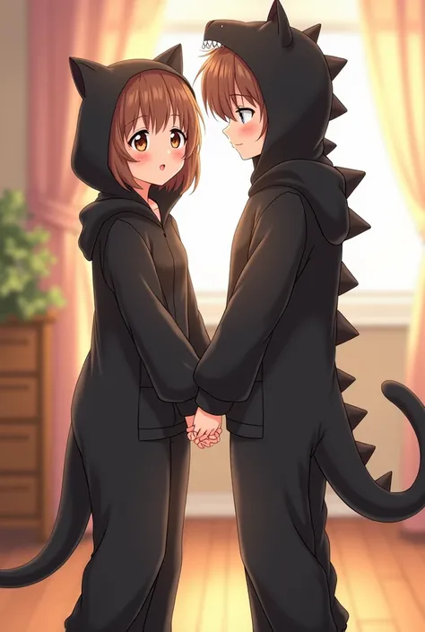 That a girl and a boy both wearing animal pajamas ,The girl in the black cat pajamas, The boy in black dinosaur pajamas, anime style, They are dating, the pajamas without tail and without spots are not a kind of hybrids both wear a hat with the ears of the...