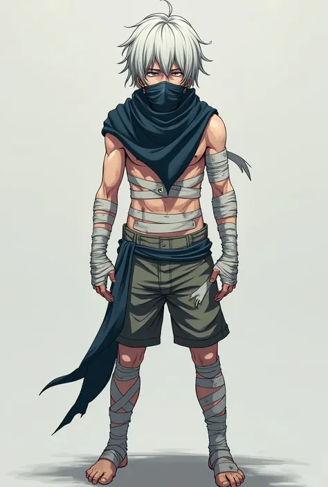 Make an adult male anime character with straight white hair that is medium to long but messy, eyes half closed, Medium height, body fully bandaged, mask, scarf and some scars, standard shorts, and without shoes.