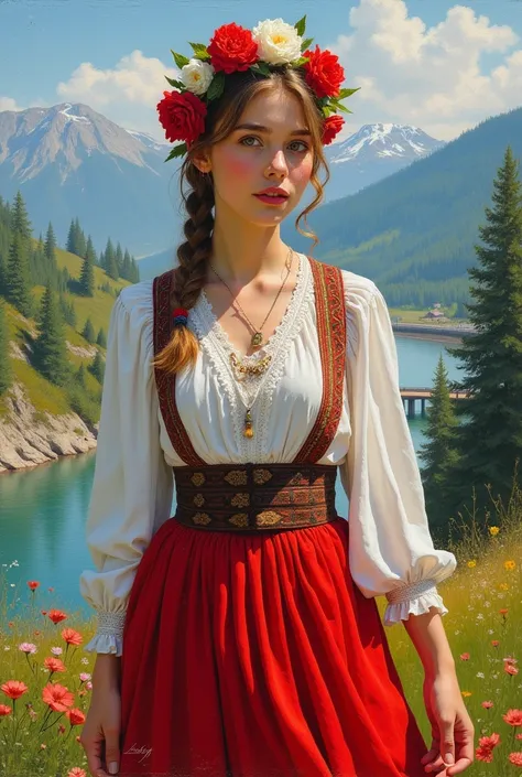 A captivating impressionist painting of a young, vibrant woman with a youthful rosie complexion in the style of Dimitar Bogdanov.
The woman is wearing a traditional Bulgarian costume with a red skirt, white blouse, and a floral headpiece. The background co...