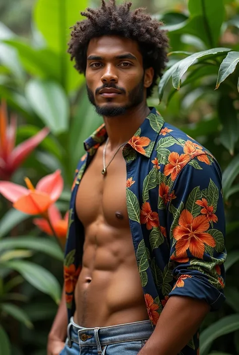 A brown Brazilian man in a lush tropical garden, wearing an open shirt with a floral print, with a close-up capturing the harmonious beauty between its abdomen and natural flowers, showing off your natural charm and outgoing personality. Multiple photos of...