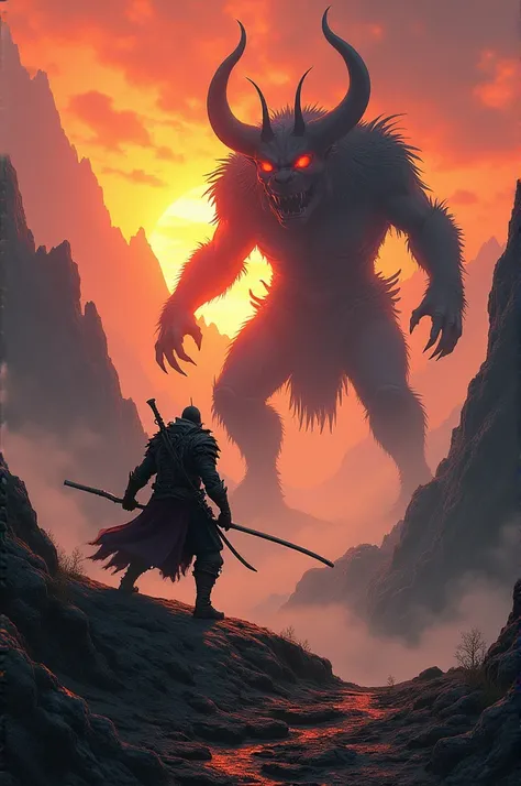 A drawing of an oni hunter battling an oni at nearly sunrise.