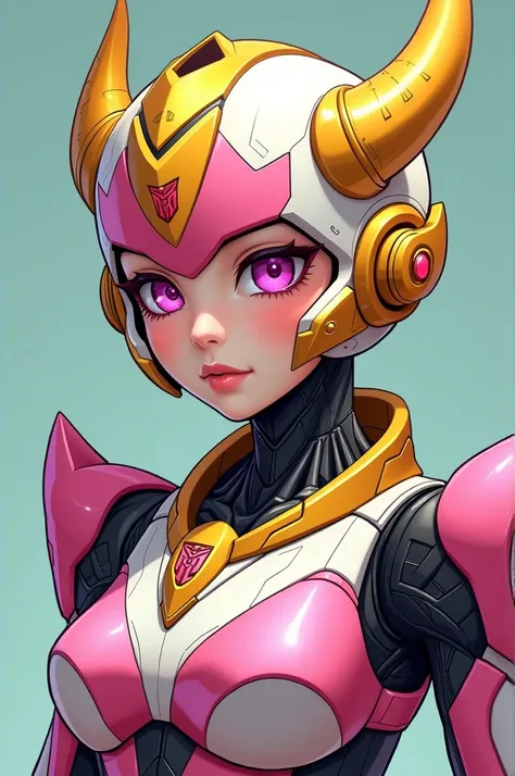 Young female robot, Transformers style.It has details in gold color, pink and white. She has completely pink and slanted eyes. He has a pair of golden horns on his head.. comic drawing style. He doesn&#39;t have hair, She is not human