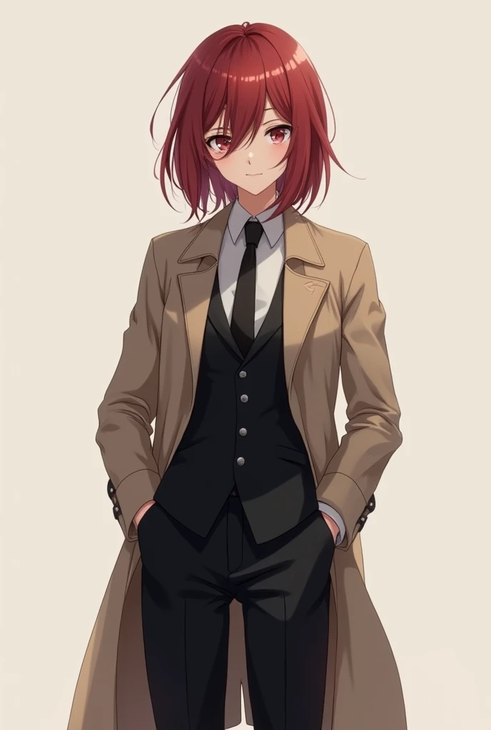 I want you to make a male anime character, Medium long hair, fixed up, wearing a black suit with a beige trench coat, standing facing forward looking forward, reddish black hair color, that can be seen from the waist up, very realistic with slight feminine...