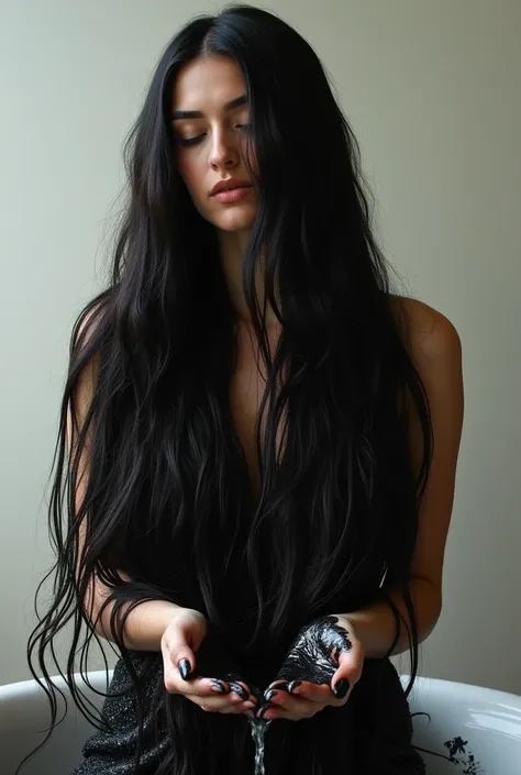 Woman with very long hair using black shampoo in her hand 