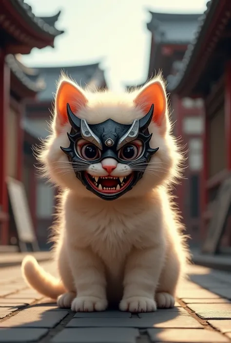 kitten　cute　Demon Mask　Edo period background　Real