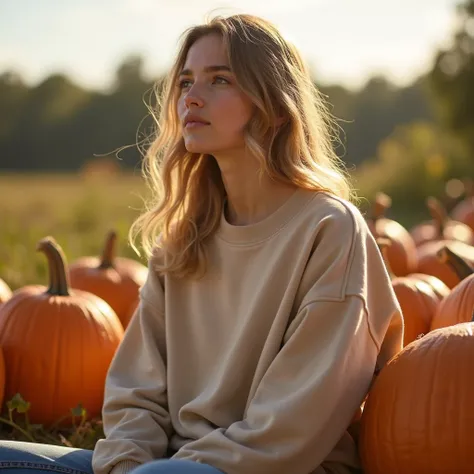 A young woman sits in a summer pumpkin patch, wearing a plain, beige Gildan 18000 sweatshirt with no design on it. Her chest is slightly forward and her arms are raised or placed behind her, ensuring that the sweatshirt is fully visible. The sunlight fully...