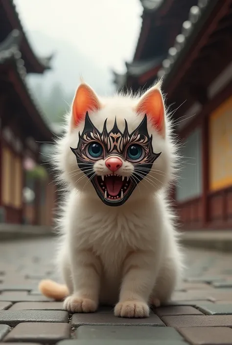 kitten　cute　Demon Mask　Edo period background　Real