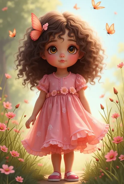  three years old brunette curly hair with the crown of the head and the pink flowery dress 