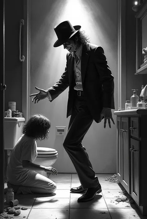 Prompt: "Create a ghost that looks like Michael Jackson, but like a haunted zombie. He must have the iconic 80s look, with the shiny black suit and fedora hat, but with a corpse-like appearance, with pale and disfigured skin. His face should display a sini...