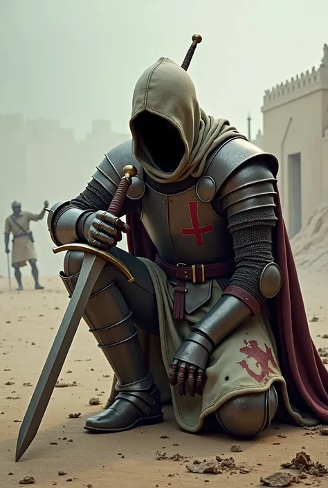 In the distance, a Templar knight from the Crusades with his armor worn out by the battle., injured, on his knees holding on to his long sword, with hoodie