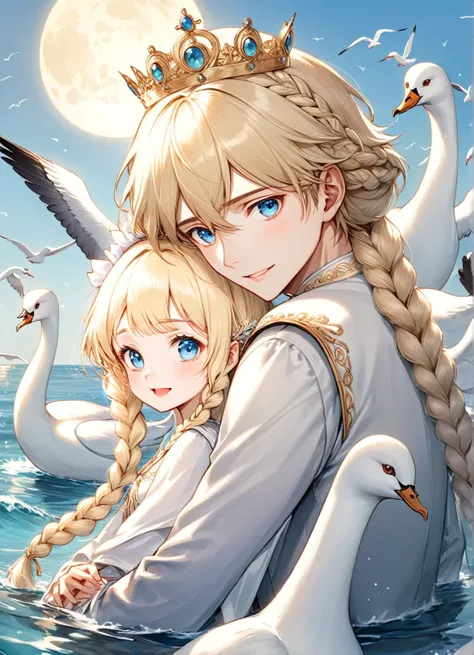 ,((Highest quality))),8k,((masterpiece)),(Very sophisticated and beautiful), A girl emerges from the sea, The Swan Princess of Russian Mythology, Beautiful calm face, blue eyes, Long blonde hair braided, Moon braid at the back of the head, With a kokoshnik...