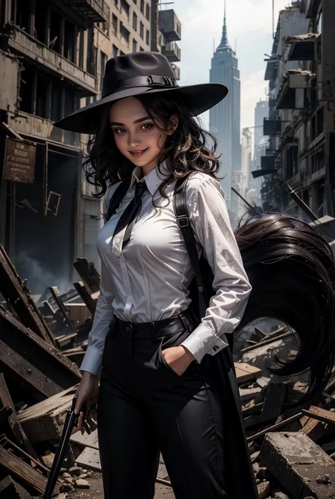 Girl with dark brown curly hair Black eyes Wearing a white dress shirt, with a black tie and black pants, with shift boots, black hat and a black jacket over his shoulders Arched eyebrows and a crazy smile Holding two pistols in his hands A destroyed city ...