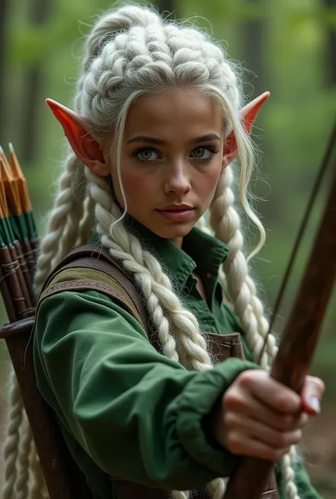 brown woman, with pointy ears, with silver blonde hair with dreadlocks, com olhos verdes claros, in green adventurer outfits, at a forest, with a bow and arrow.