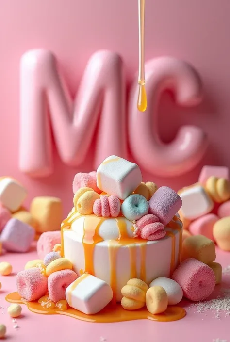 Crie um DP para WhatsApp com um marshmallows, colorful sweets and caramel, with MC written in the background in 3D.