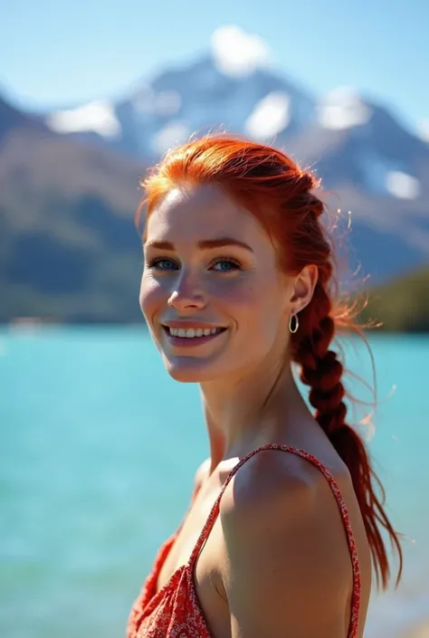 beautiful woman WITH red braided PONYTAIL, facing towards the viewer and closed smile, hiking by new zealand lake tekapo, clear water, Premium Portrait Photography, well-lit, sharp-focus, high-quality, ultra-realistic, realism, realism, award-winning photo...