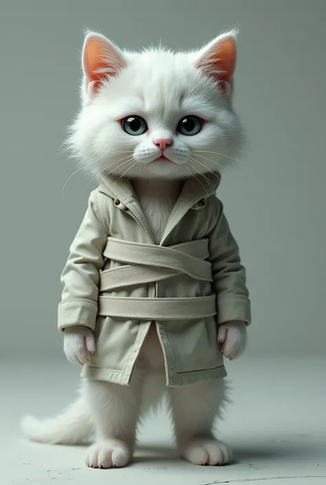 A white and gray cat with a human body wearing a straitjacket tied up