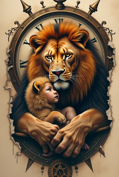 (Tatto)A majestic lion tattoo that symbolizes strength, which protects its daughter in its claws, with an antique clock as a background. The scene is accented by a compass, all rendered with a ripped skin effect, showing intricate details and textures